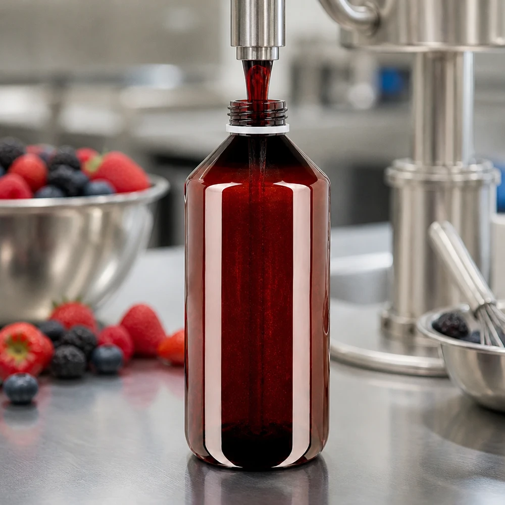 PET fles 1000ml met witte verzegelde stop, geribbeld Ronde PET-fles van 1000 ml voor fruit- en bessensiroop, met kindveilige OV-sluiting, wit