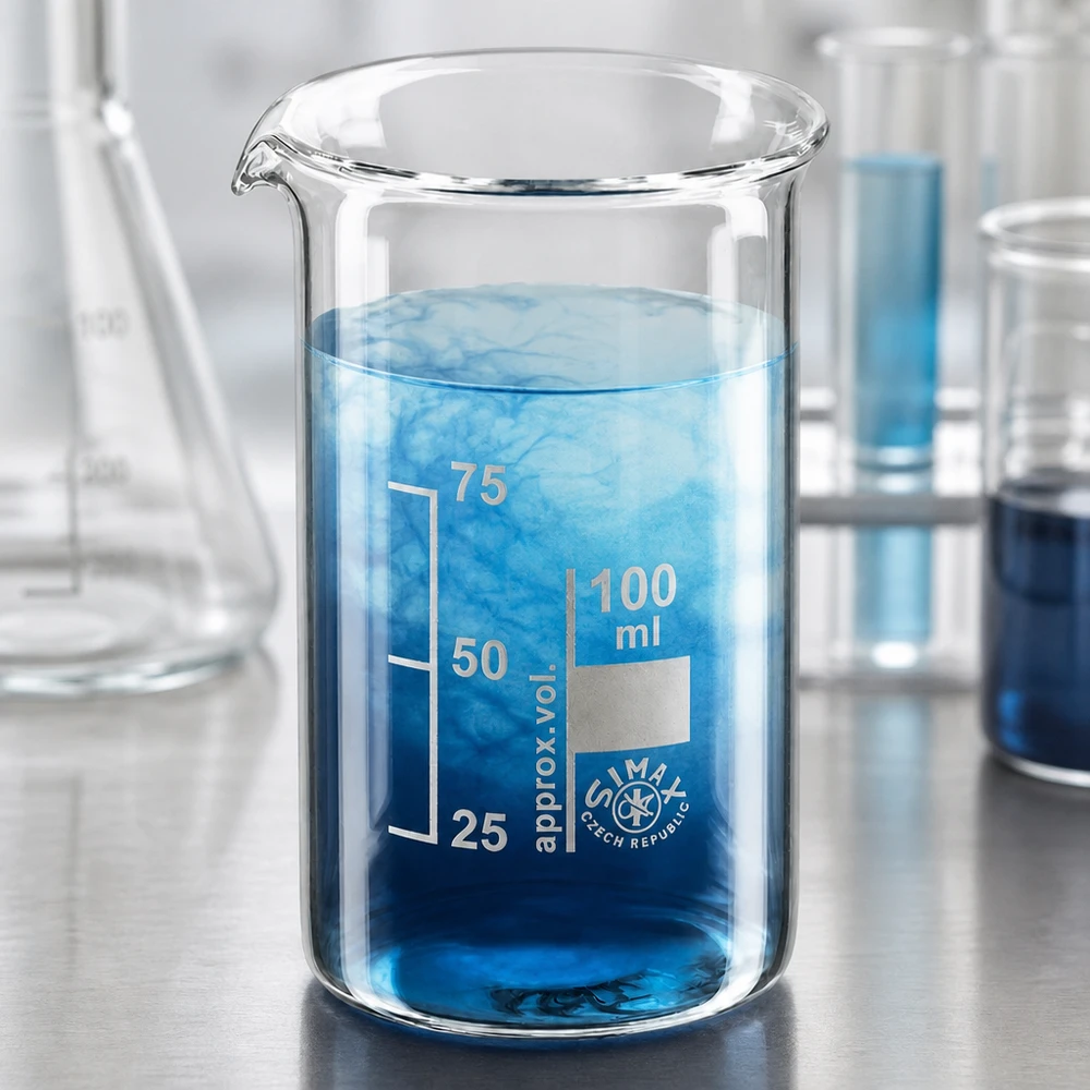 Chemielaboratorium: glazen buisje van 100 ml met schaalverdeling en een blauwe substantie naast een Erlenmeyer-kolf