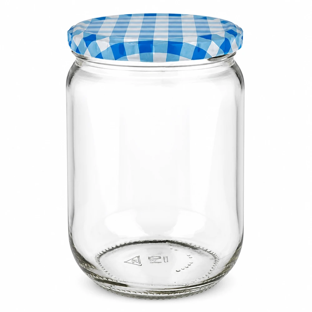 555 ml rond glas + BasicSeal-deksel blauw/wit UNiTWIST Grote inmaakpot van 555 ml, rond model, met decoratief blauw-wit geruit deksel van BasicSeal