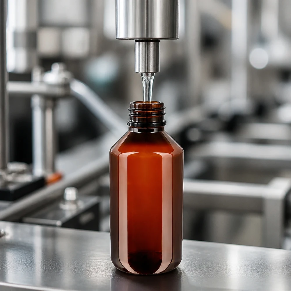 PET-fles 200ml met zwarte spuitdop OV Maschinelle Befüllung PET Rundflasche 200ml amber Spritzverschluss OV Edelstahlumgebung