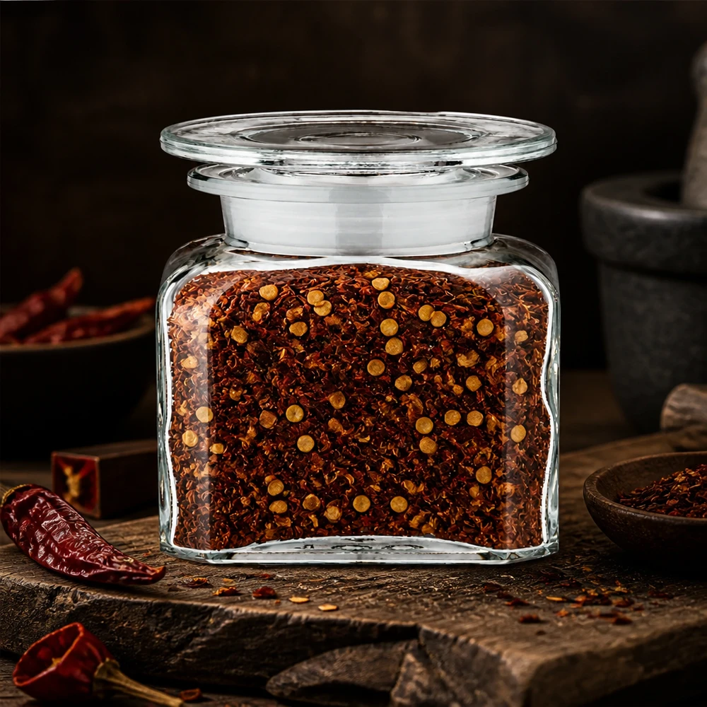 Idee voor een glazen kruidenpotje: Vierkante apothekersfles 100 ml wijde hals helder glas incl. glazen stop Kruidenpotje Idee 100 ml met brede hals, gevuld met gedroogde chilivlokken en -zaadjes, voor in de voorraadkast