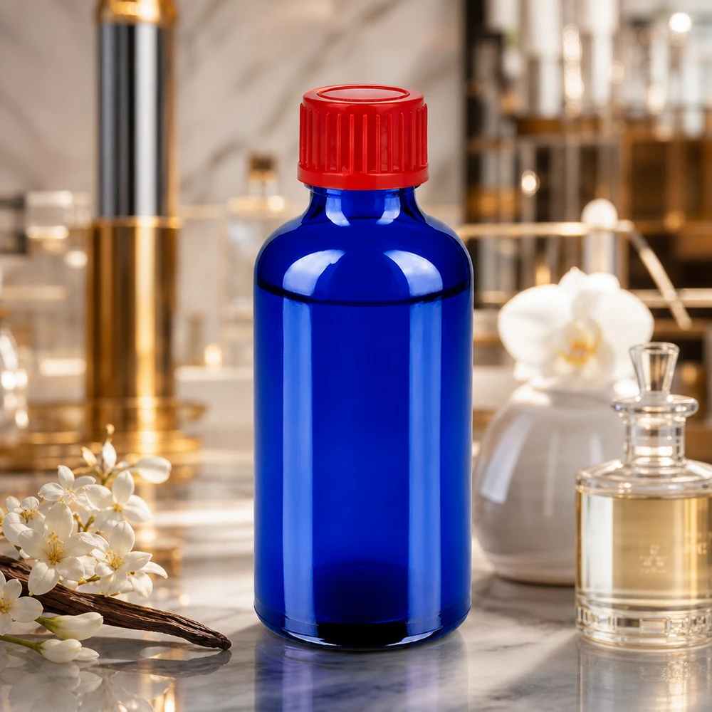 Precisiefles 50ml BlueLine voor tincturen en essences met ergonomische rode dop