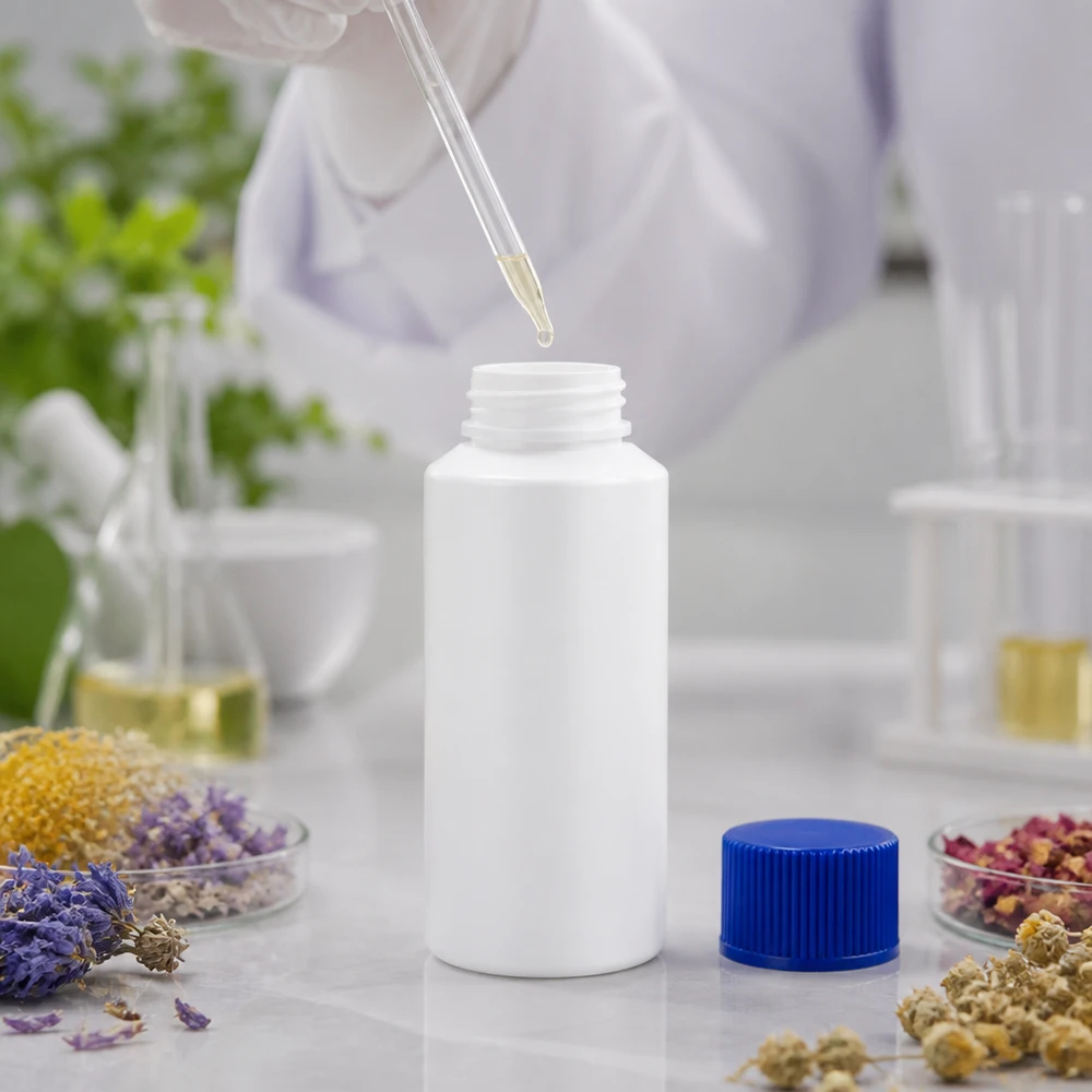 PET cilinderfles 30ml wit met schroefsluiting blauw Compacte witte HDPE-fles van 30 ml met UV-bescherming en blauw SV-label, geschikt voor etherische oliën