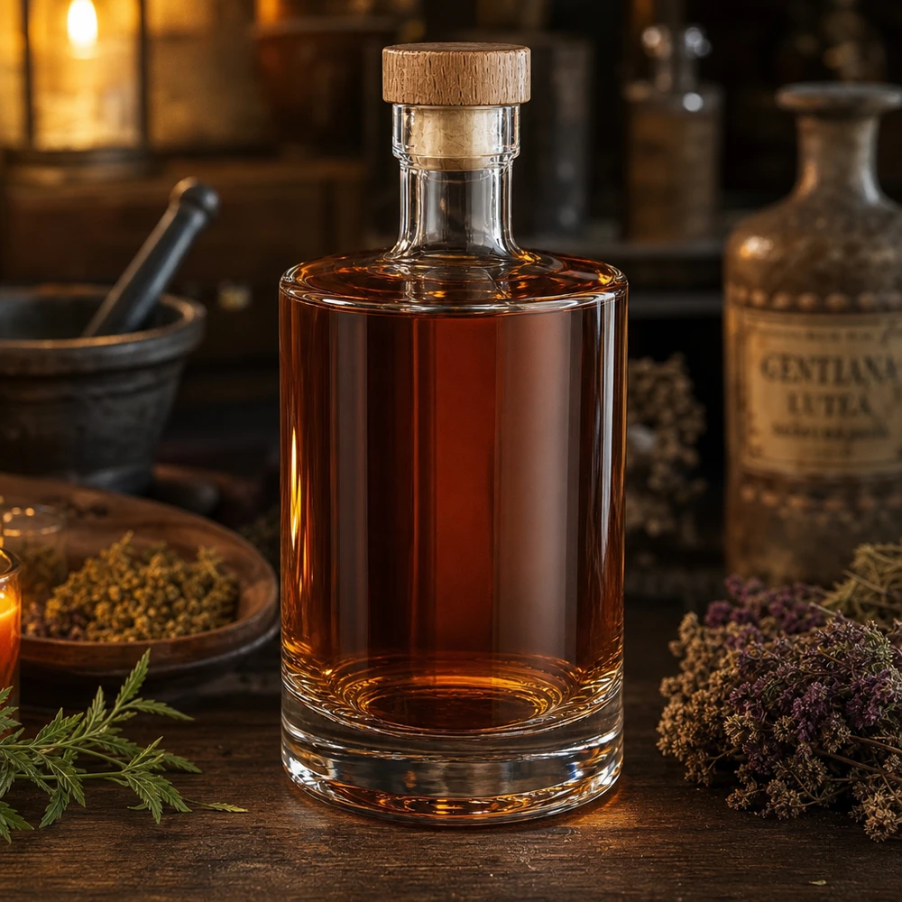 500 ml glazen fles 500ml Glasflasche "Marie" mit Holzgriff-Korken UNiTWIST met houten handgreep UNiTWIST® 500ml Glasflasche Marie gefüllt mit bernsteinfarbener Flüssigkeit in rustikaler Küche mit Kräutern und Gewürzen