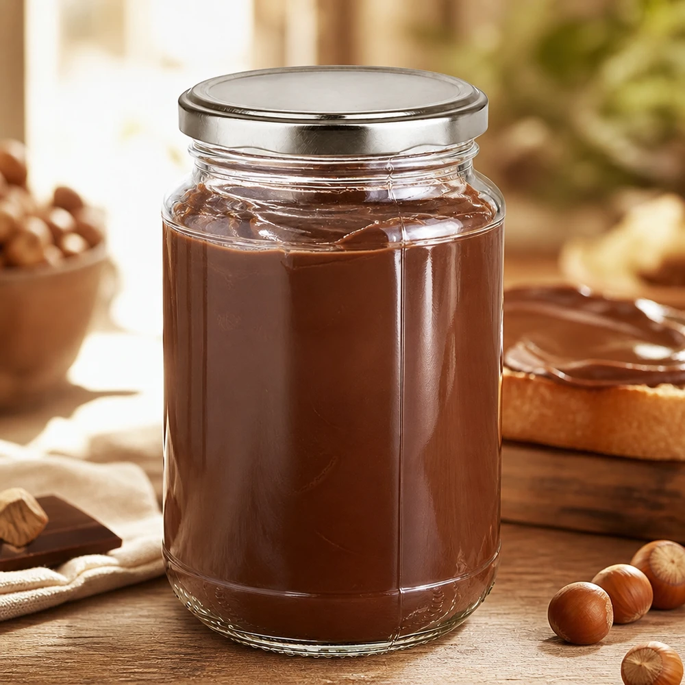 Gevuld rond glas BasicSeal van 320 ml, zilverkleurig, met romige chocoladepasta op hout