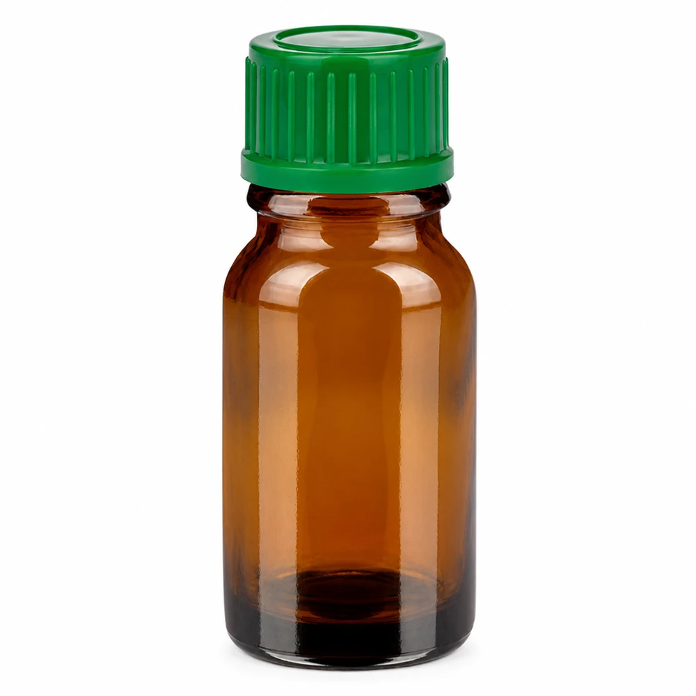 10ml flacon gemaakt van UV-beschermend amberkleurig glas met praktische groene dop