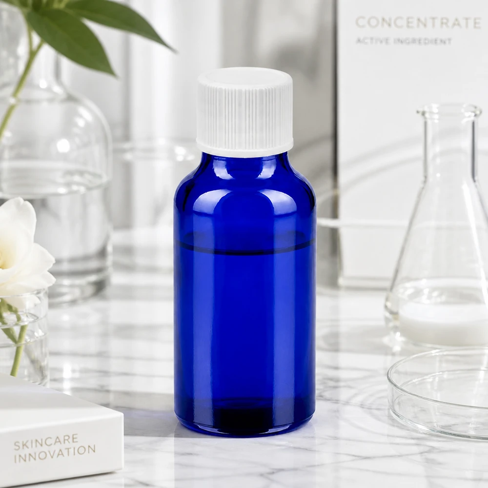 20 ml laboratoriumfles in kobaltblauw met veilig sluitsysteem voor actieve ingrediënten