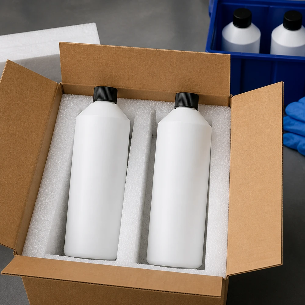 PET cilinderfles 250ml wit met schroefsluiting zwart Per paar verpakte HDPE-flessen van 250 ml, wit met zwart SV-logo, in een professionele verzenddoos