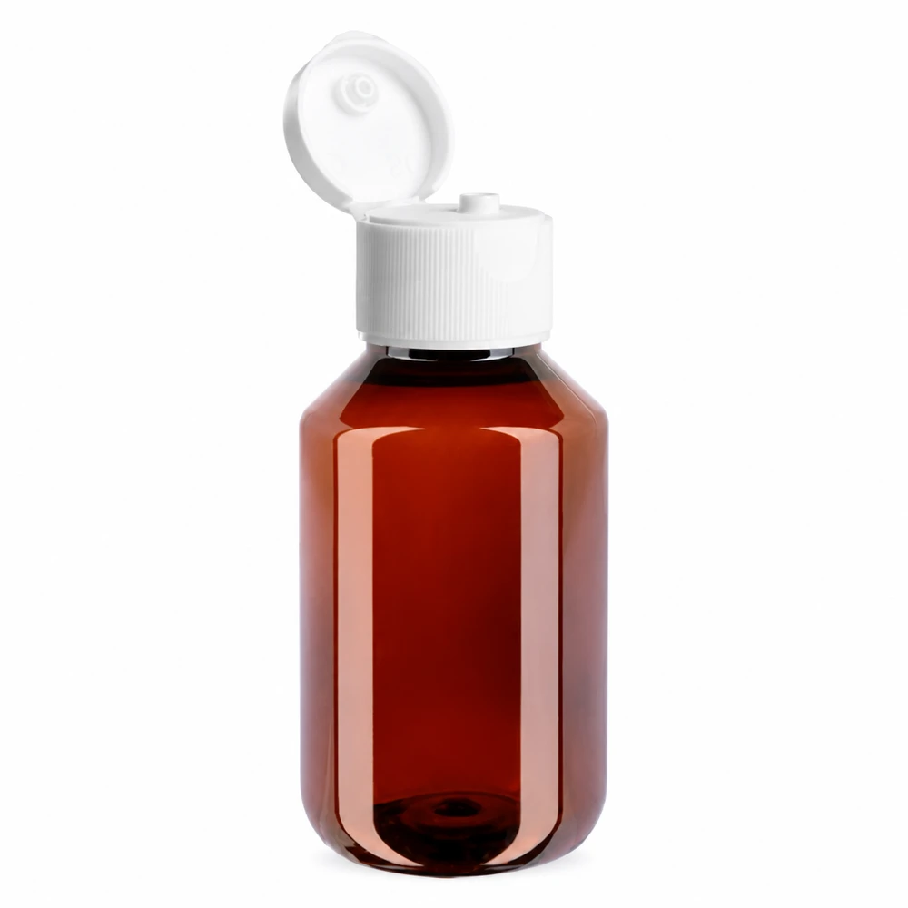PET-fles 100ml met witte flip-top dop. Compacte PET-fles van 100 ml met een brede witte klapdop voor vloeibare producten