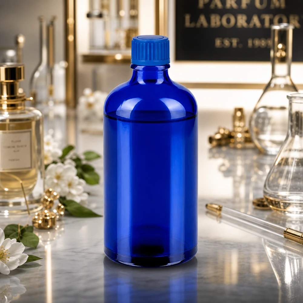 100ml fles 11mm SV blauw STD BlueLine UT18/100 Handig 100ml flesje van speciaal blauw glas voor aromatherapie en wellness