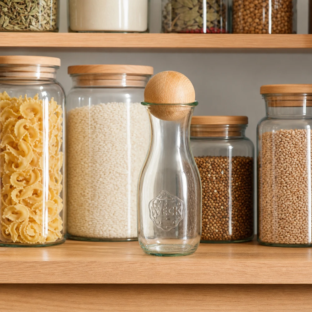 WECK sapfles 530ml met beukenhouten bol in georganiseerde voorraadkast tussen potten pasta en rijst