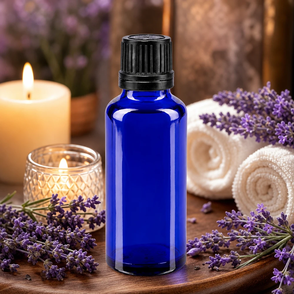 Kleine blauwe glazen fles van 30 ml met fraudebestendige zwarte dop voor farmaceutische producten