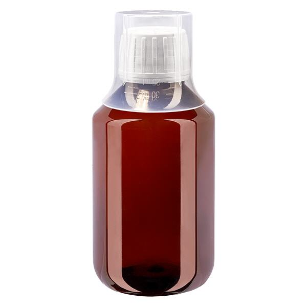 100ml PET medicijnfles - schroefsluiting VR wit - doseerbeker 30ml blank 100ml PET medicijnfles - schroefsluiting VR wit - doseerbeker 30ml blank