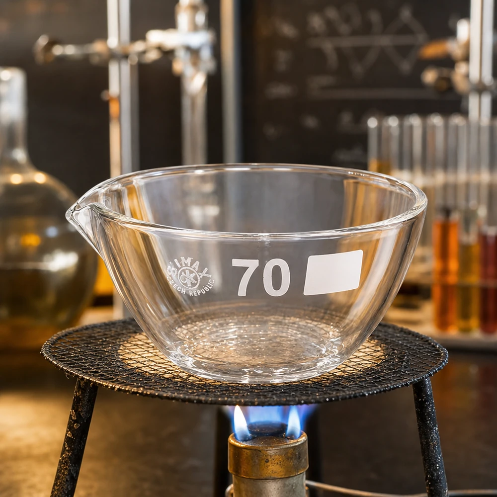 Precisiedampbak ø70mm met schenktuit gemaakt van temperatuurbestendig borosilicaat voor professionals