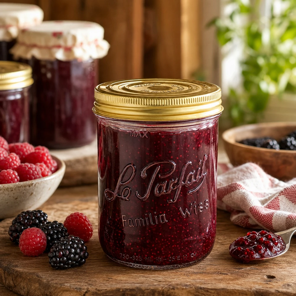 Familia Wiss 1020ml bekers met 2-delig dekselsysteem Le P gevuld met bessenjam op een houten tafel