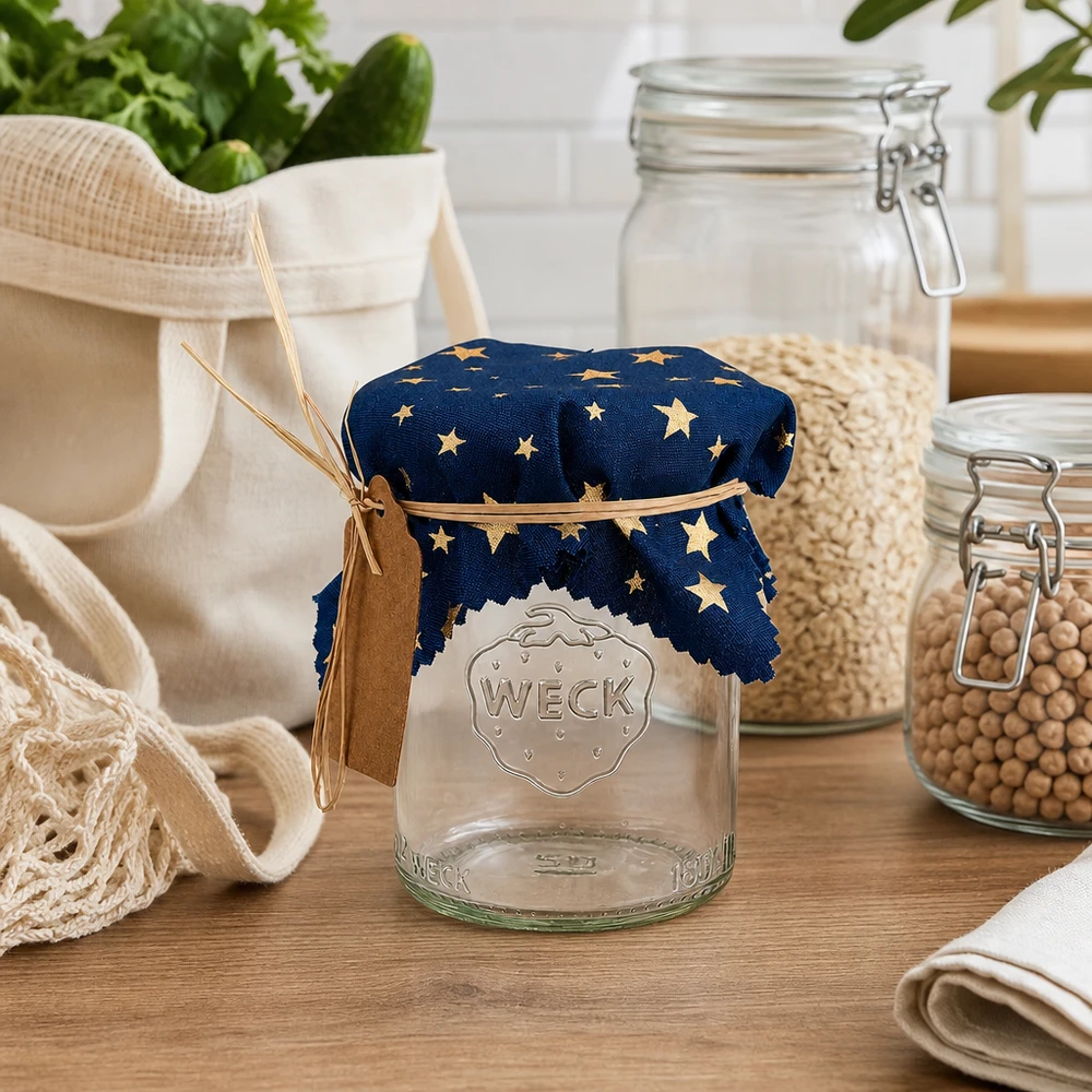 Blauwe decoratieve doily met gouden sterren op een Weck pot in een rustieke keukenscène met voorraadpotten en textiel