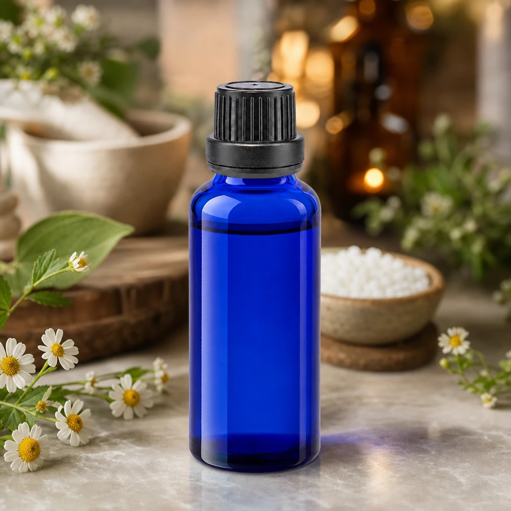 Blauwe glazen flessen 30ml met zwart schroefsluiting dicht. VR Premium Blauw apothekersglasflesje van 30 ml met zwarte originaliteitssluiting voor kruidenextracten