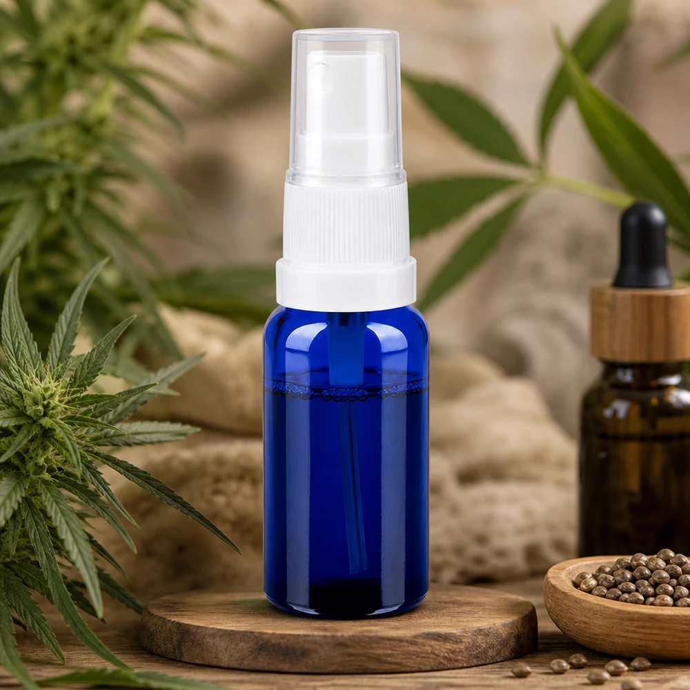 Klein glazen flesje 20ml in blauw met praktische sproeikop voor doe-het-zelf cosmetica