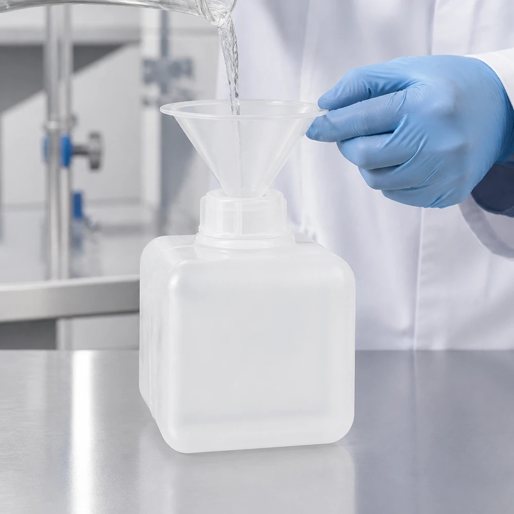 Chemicaliënfles 500 ml, nauwe hals, incl. sluiting GL 32 Chemicaliefles 500 ml PE-HD, smalle hals, naturelkleurig, met transparante vultrechter in gebruik