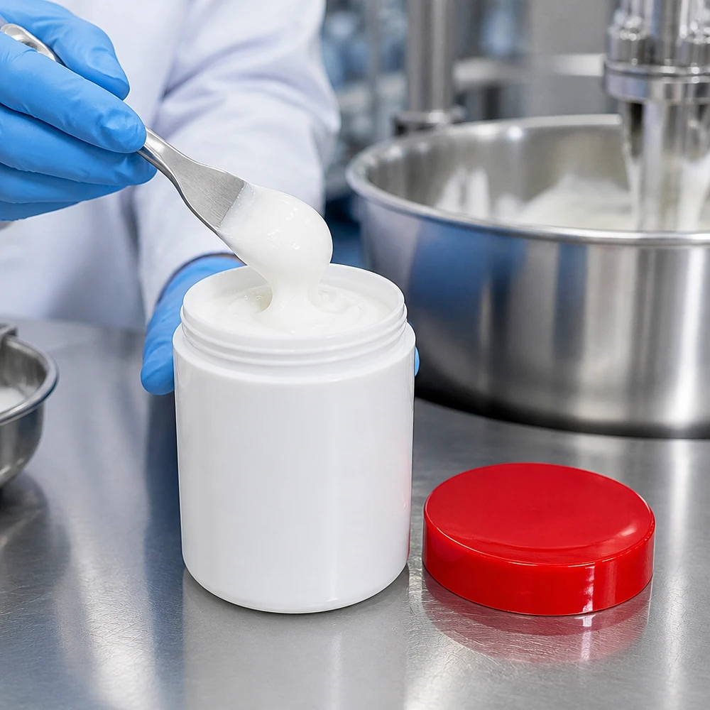 Zalfpot 800 g wit met rood schroefdeksel (PP) Kunststof kruik 800 g, wit, open bakje, rood deksel, voor de bereiding van zalven, farmacie