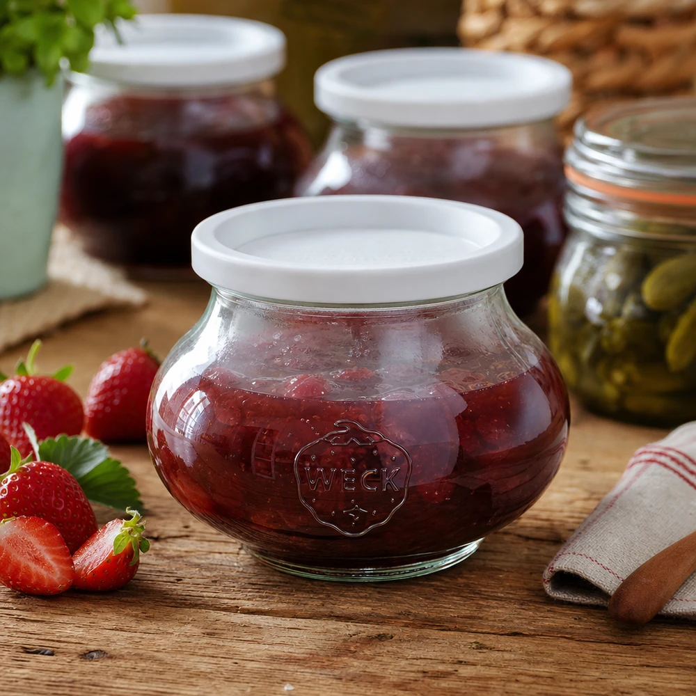 WECK inmaakpot 560ml RR80 gevuld met aardbeienjam naast verse aardbeien op houten tafel in keuken