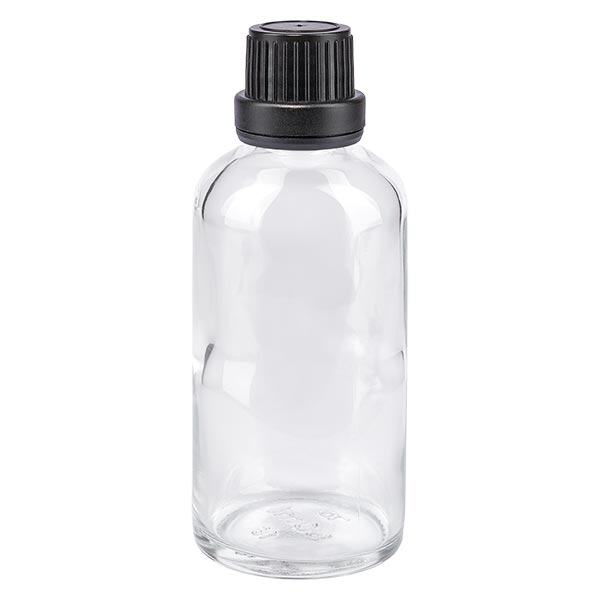 Helder glazen flessen 50ml met zwart schroefsluiting dicht. VR Helder glazen flessen 50ml met zwart schroefsluiting dicht. VR