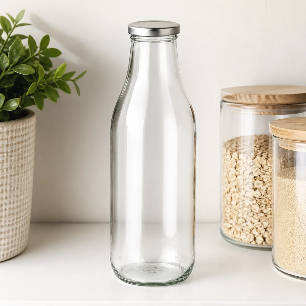 1000ml glazen fles met BasicSeal deksel zilver naast voorraadpotten met granen en planten moderne keuken organisatie