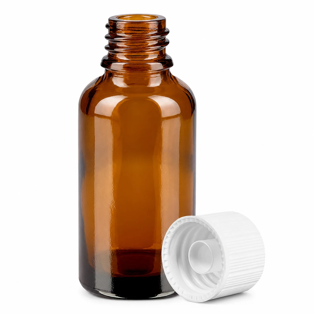 30 ml monsterflesje van getint glas met ergonomische witte dop voor eenvoudig gebruik