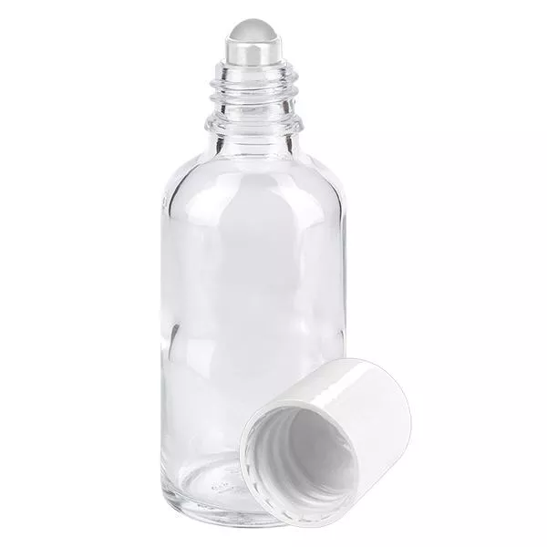 Apothekersflesje helder 50ml roll-on cap wit Apothekersflesje helder 50ml roll-on cap wit