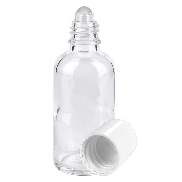 Apothekersflesje helder 50ml roll-on cap wit Apothekersflesje helder 50ml roll-on cap wit