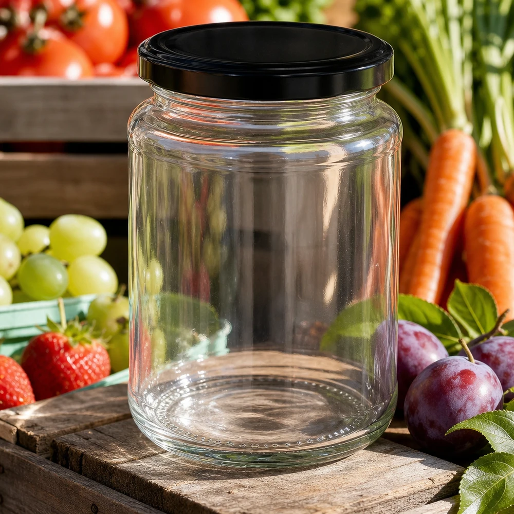 382ml rond glas BasicSeal zwart omringd door verse fruitgroenten aardbeien druiven wortelen pruimen buiten