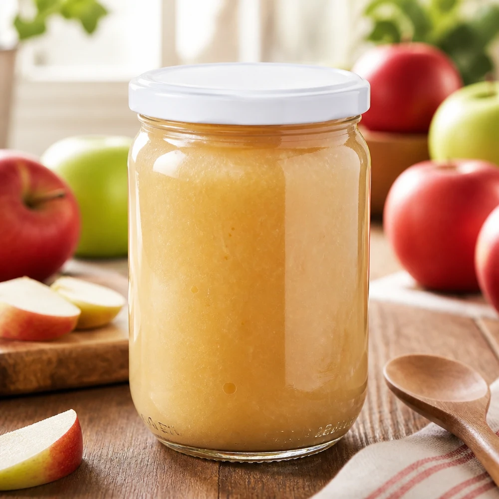 Groot rond UNiTWIST-glas van 555 ml met een wit BasicSeal-deksel op een houten tafel met appels