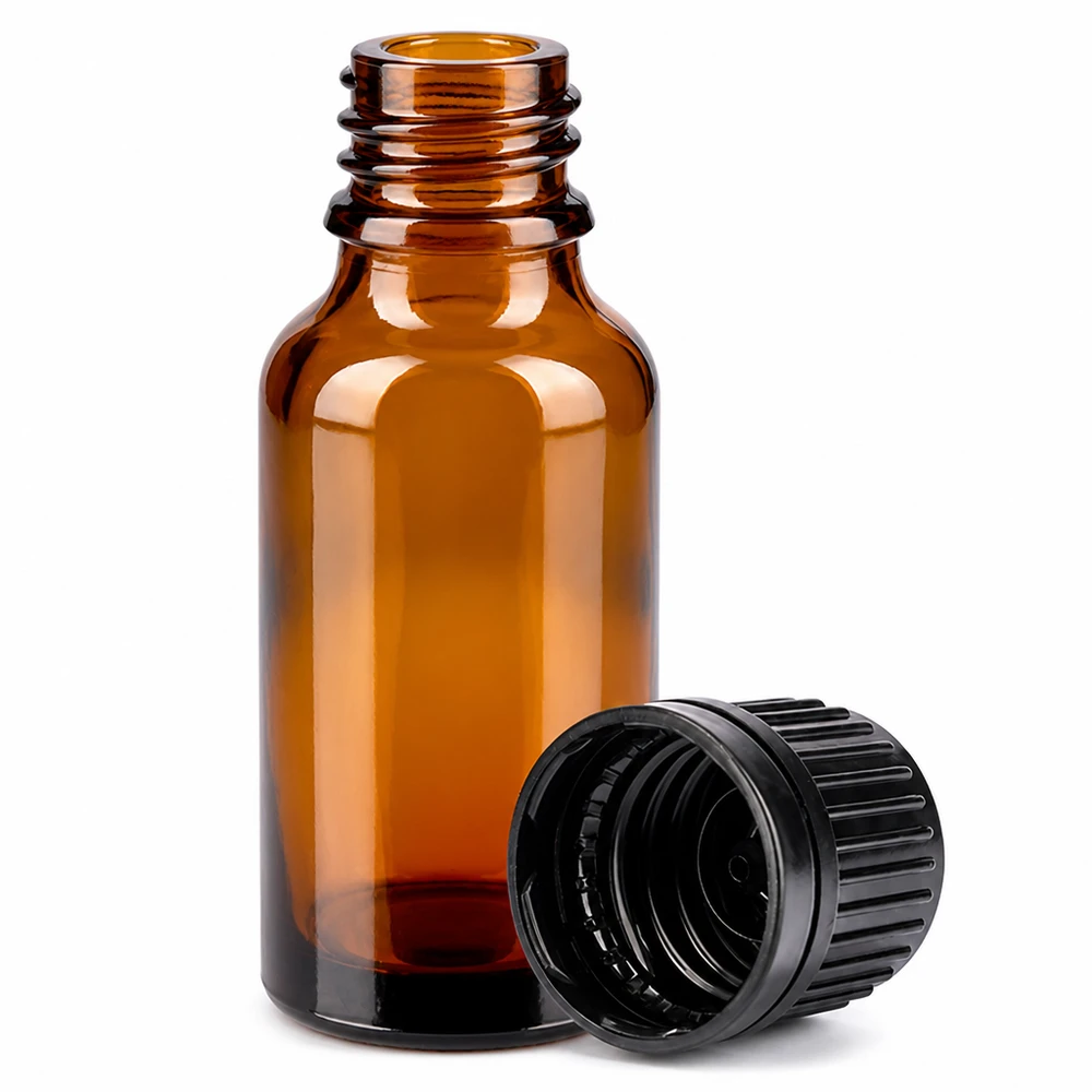 20ml amberkleurig glazen flesje met robuuste SV-dop ideaal voor lichtgevoelige stoffen