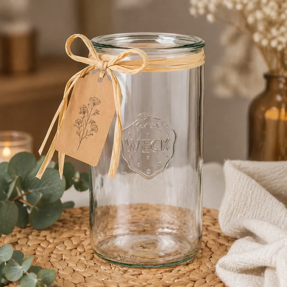 1590 ml cilindrische glazen pot WECK RR100 WECK RR100 cilinderpot 1590ml leeg met kado label en strik gedecoreerd als kado op een kurken onderzetter