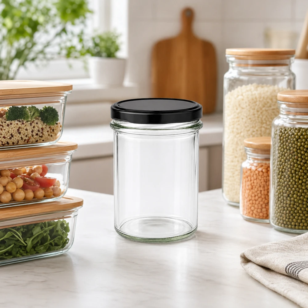 230ml beker BasicSeal zwart leeg in moderne keuken met voorraadpotten opbergorganisatie keukenscène