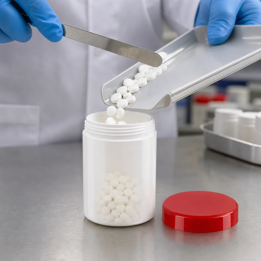 Zalfpot 75 g wit met rood schroefdeksel (PP) Blauwe laboratoriumhandschoenen bij het nauwkeurig vullen van een witte PP-pot van 75 g met een rode deksel