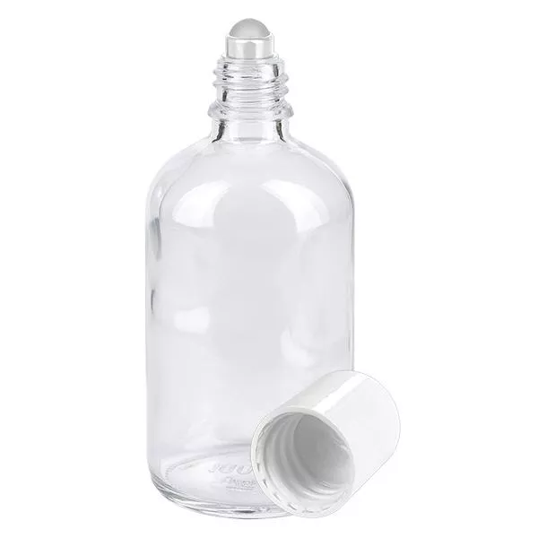 Apothekersflesje helder 100ml roll-on cap wit Apothekersflesje helder 100ml roll-on cap wit