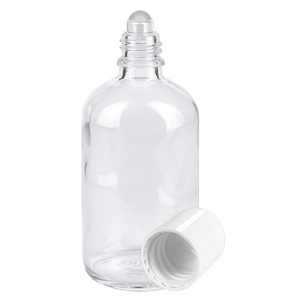 Apothekersflesje helder 100ml roll-on cap wit Apothekersflesje helder 100ml roll-on cap wit