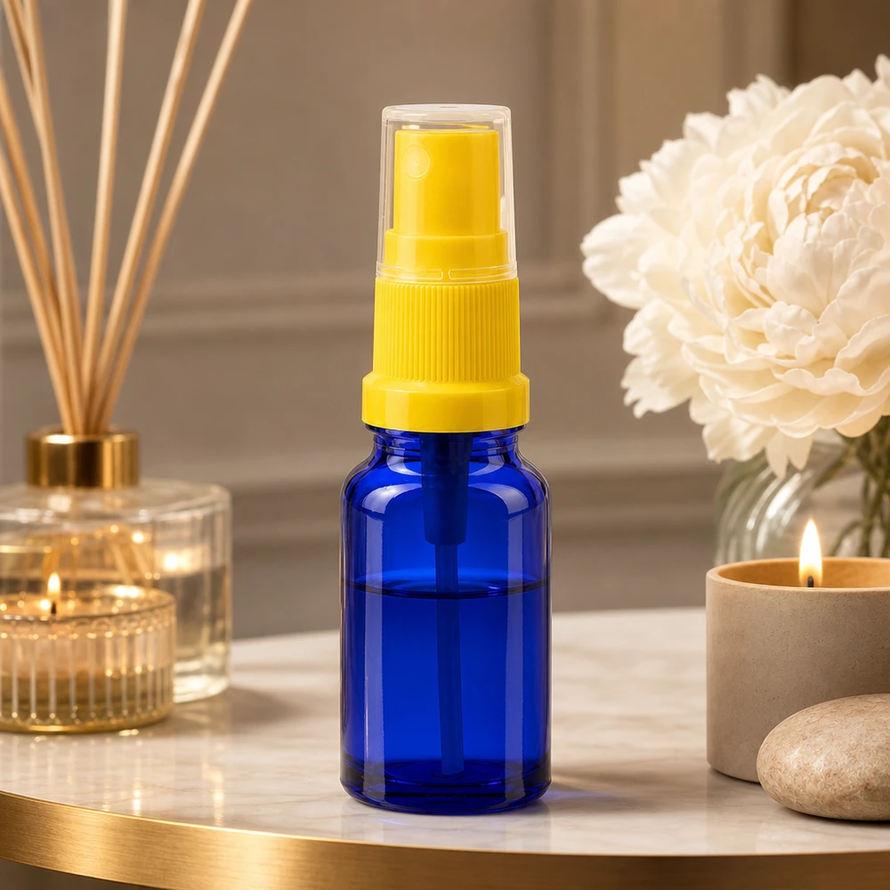 10ml spuitfles geel/tr. STD BlueLine UT18/10 Hoogwaardige blauwe spuitfles 10ml met gele sproeikop voor wellness en spa BlueLine UT18