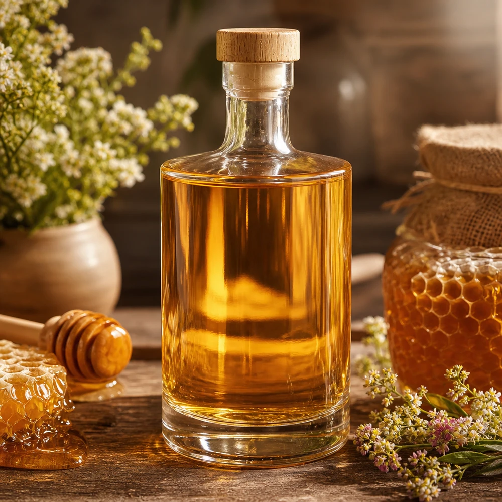 500 ml glazen fles 500ml Glasflasche "Marie" mit Holzgriff-Korken UNiTWIST met houten handgreep UNiTWIST® 500ml Glasflasche Marie gefüllt mit Honig in rustikaler Küche - perfekt für Sirupe, Liköre und hausgemachte Spezialitäte