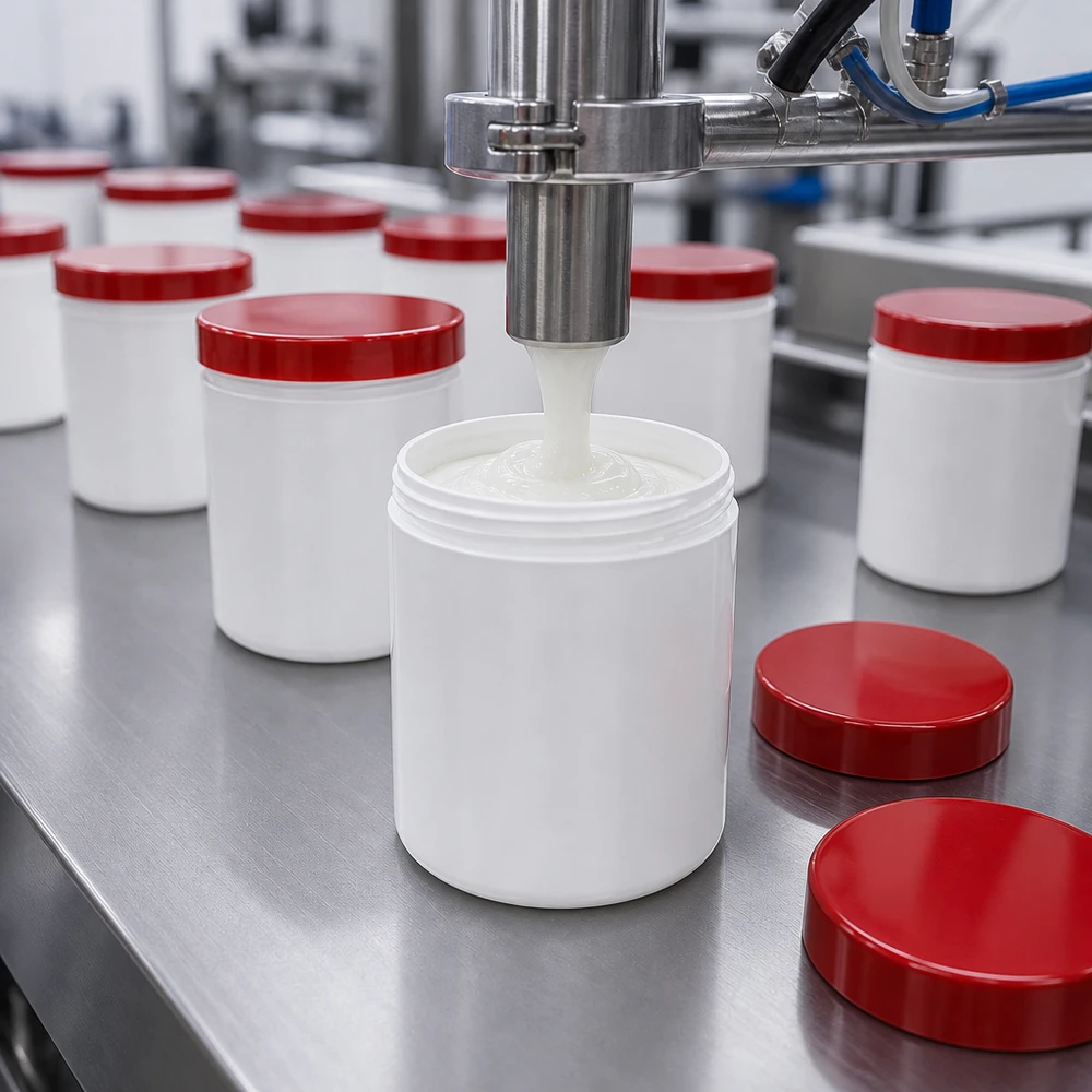 Zalfpot 250 g wit met rood schroefdeksel (PP) Meerdere witte zalfpotten van 250 g met rode PP-deksels op een roestvrijstalen transportband in productie