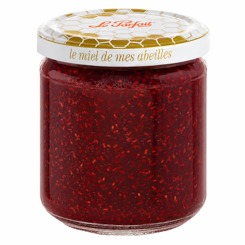 Le Parfait honing inmaakpot 212ml met gouden honingraat deksel gevuld met rode aardbeienjam