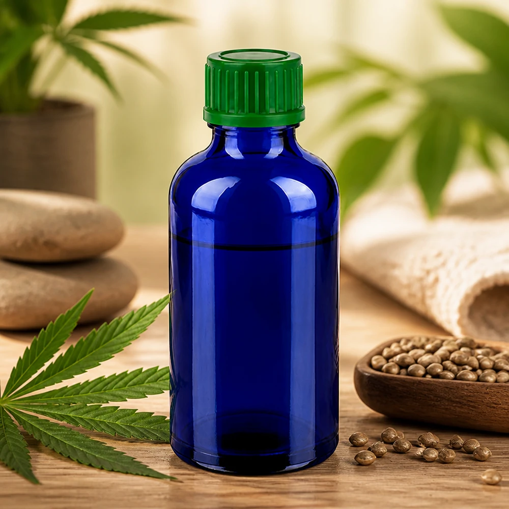 50ml fles 11mm SV groen STD BlueLine UT18/50 Klein blauw glazen flesje van 50 ml met praktische groene schroefdop voor onderweg