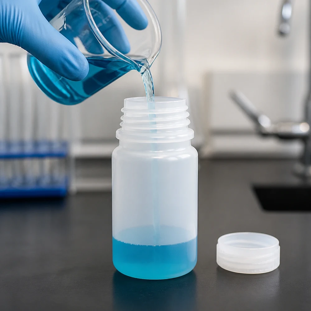 50 ml-fles met brede hals zonder deksel en met een schroefdop aan de zijkant op een laboratoriumtafel