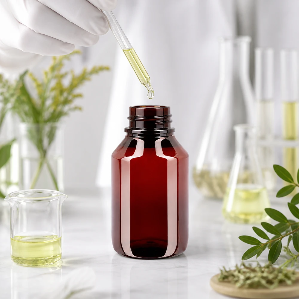 PET-fles 50ml met witte standaard OV Ronde PET-fles van 50 ml, amberkleurig, met witte buitenverpakking, geschikt voor farmaceutische producten
