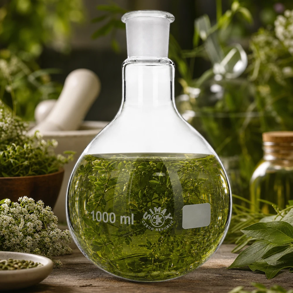 Rondbodemkolf 1000ml van laboratoriumglas met groene vloeistof voor fytochemische analyses