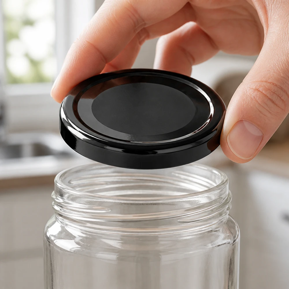 48 mm BasicSeal-deksel, zwart (TO48) UNiTWIST Met de vingers een zwarte ronde deksel van 48 mm op een doorzichtige inmaakpot in de keuken plaatsen