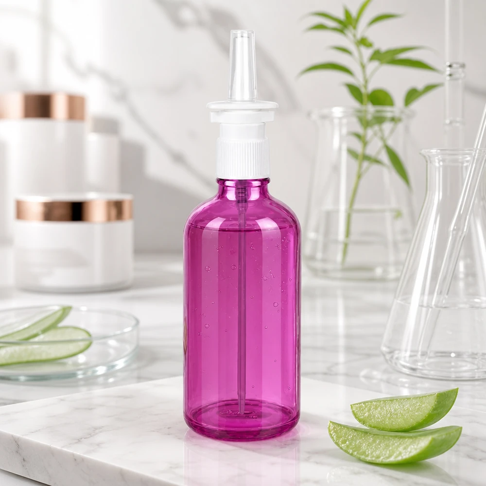 100ml neussprayfles wit/transparant standaard PurpleLine UT18/100 Farmaceutische 100ml sprayflacon paars met standaard UT18 dop voor neusverzorging