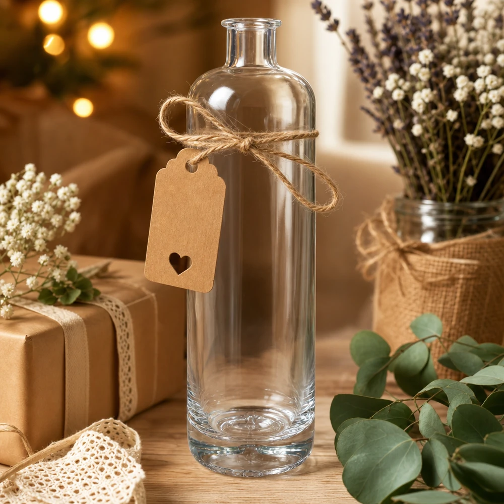 700 ml glazen fles Ella decoratief gerangschikt met jute koord en gedroogde bloemen als cadeau-idee
