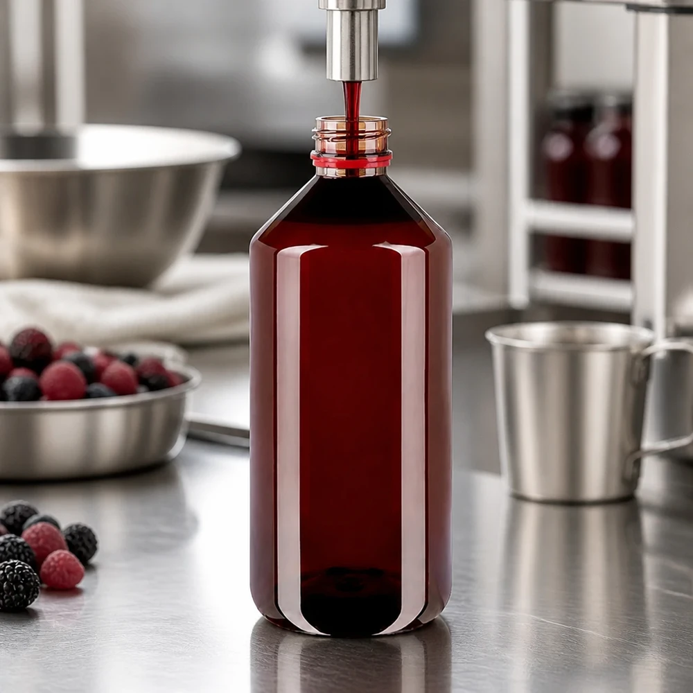 1000ml PET-fles met wit/rode OV-dop Slanke, amberkleurige wegwerpfles van 1000 ml met veiligheidssluiting, rood-wit, geschikt voor levensmiddelen